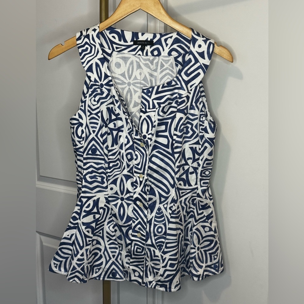 Lafayette 148 New York Blue and White Patterned Top NWOT